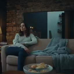 a woman sitting on a couch next to a table