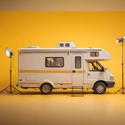 an rv that has lights on the floor next to it