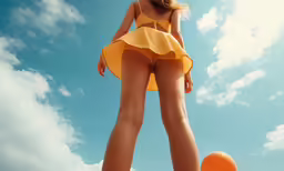 a woman in a yellow ruffled bikini with orange balloon