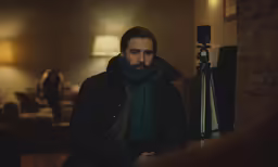 a man sitting down with his mouth open and a scarf draped over his shoulders