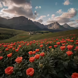 an open field with red flowers in it