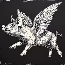 a black and white drawing of a flying pig,a black and white drawing of a pig with a angelic winged bird