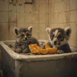 two cute small kittens in the sink eating orange peel