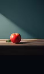 an apple sits on top of a wooden table