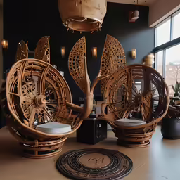 two wooden objects with decorative circular designs on a table