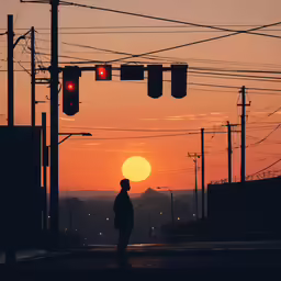 a silhouette of a person stands under traffic lights as the sun sets