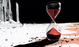 a sand glass with red liquid in it on a white ground