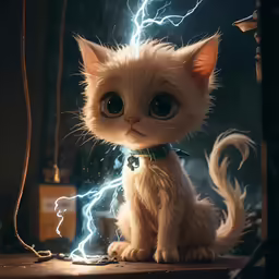 a little kitty cat sitting next to a lamp