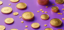 a large amount of gold coins on a purple surface,an array of different sized and colored gold coins on purple background