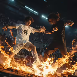 two young men jumping in the air over a lot of fire