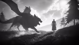 a person stands on a hill with a large creature