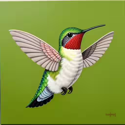 a painting of a humming bird on green background,a painting of a hummingbird flying in the sky