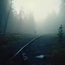 there is a man walking across the train tracks in the fog