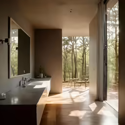 modern design bathroom with wooden floor and stone tile