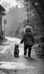 two children are playing with their small dog in the middle of a street