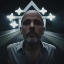 a man standing in front of the camera with bright lights