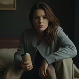 woman sitting on bed with drink in hand