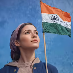 there is a woman with a hat holding a flag