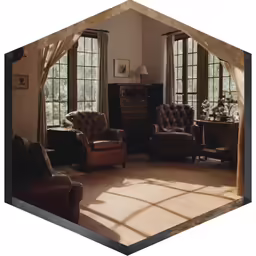 a living room with leather chairs and large windows