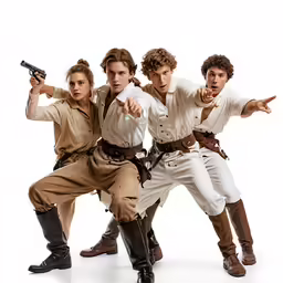 three actors with guns in action pose for a picture