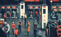 several people in orange safety vests are standing in front of a locker
