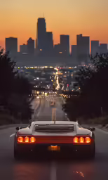a sports car is shown with the city in the background
