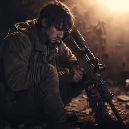 a man in camouflage kneeling down holding a gun