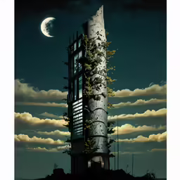 the tall building has several plants growing on the side