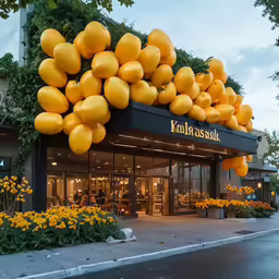 yellow balloons decorate the roof of a restaurant on a street corner