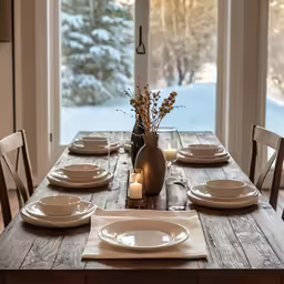 a dining room table with four place settings and vase