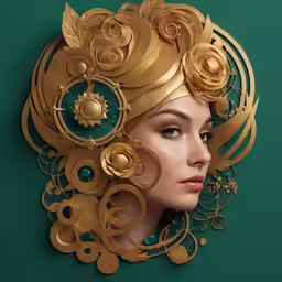 a woman with gold hair and a large, elaborate headpiece