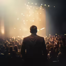 man in a suit looking at a crowd during a concert