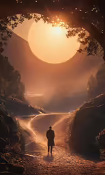 man with coat, walking into the distance through an area of sunlight