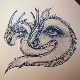 an artistic drawing of two headed dragon with a smile on its face