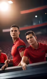 two men in red polo shirts look over a railing