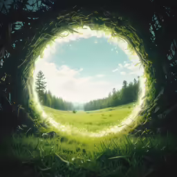 there is a green field that is inside a portal