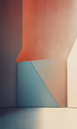 a white and orange geometric art piece next to a blue wall