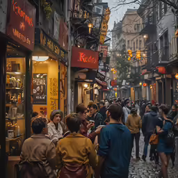 this is people walking down a street near stores