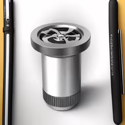 a pen and pencil on a desk with some metal