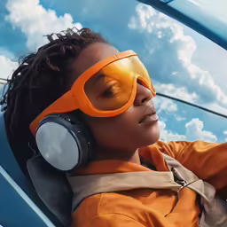 a boy in a car with an orange helmet and ear phones