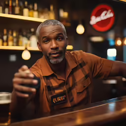 a man behind a bar holding onto something