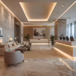 the interior of an office with many white furniture