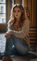 a young woman sitting on the floor next to a clock