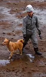 a man in overalls is walking with a small brown dog