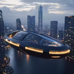a futuristic boat in front of a city