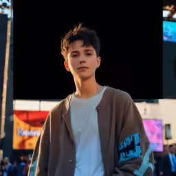 a young man wearing a jacket, white t - shirt and blue jeans