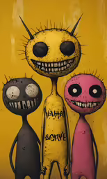 three cartoon characters one with black eyes and one with yellow nose