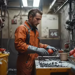 a man in orange working on a machine