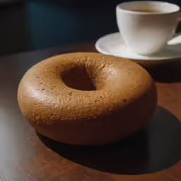 a very strange shaped donut next to a cup of coffee