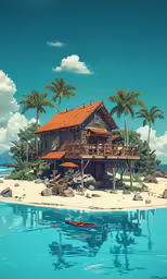 the island is surrounded by coconut trees and water